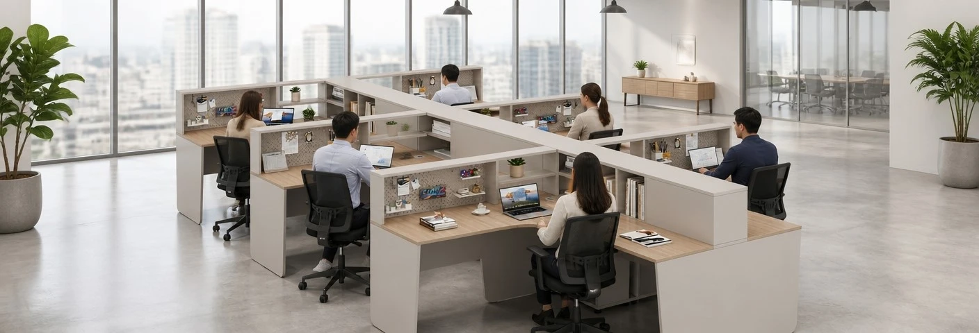 Staff desk set with modular office workstations, privacy partitions, integrated storage, and ergonomic chairs in a modern open-plan office Staff desk set with modular office workstations, privacy partitions, integrated storage, and ergonomic chairs in a modern open-plan office